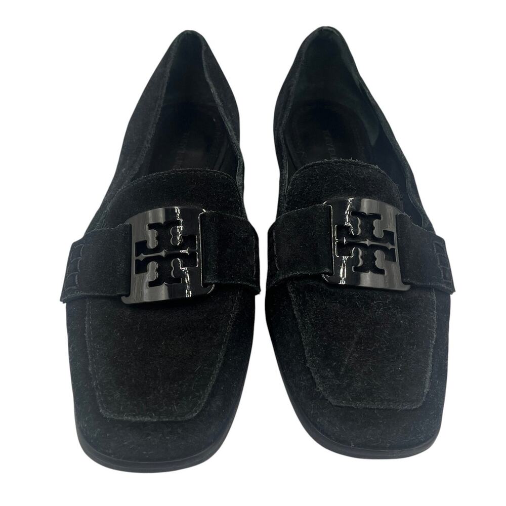 Tory Burch Loafers Shoes Georgia Suede Double T Logo Square Toe Black Size 6 M